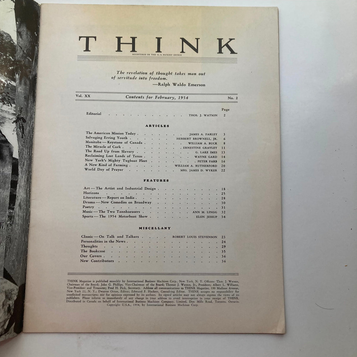 VTG Think Magazine February 1954 Volume 20 Number 2 contents page featuring articles, features, and miscellaneous sections, showcasing topics like 'Salvaging Erring Youth' and more.