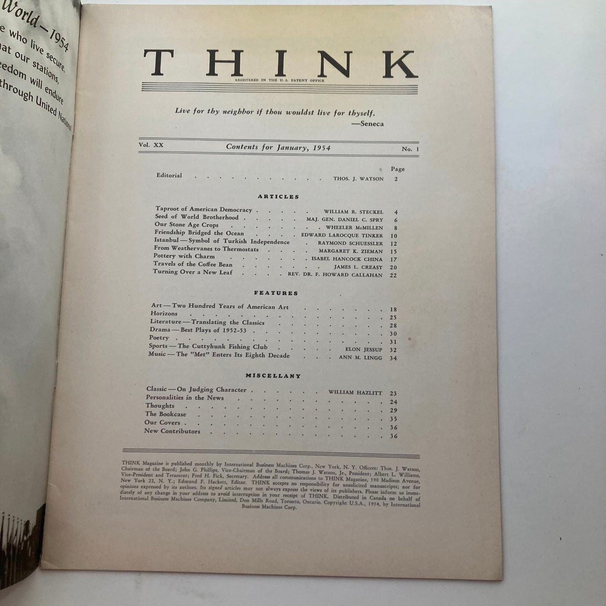 Interior page of VTG Think Magazine January 1954 Vol 20 No. 1 displaying table of contents with articles and features.
