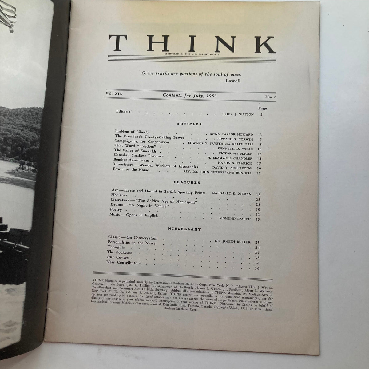 Table of contents from VTG Think Magazine July 1953 Vol 19 No. 7 showcasing featured articles and sections of the issue.