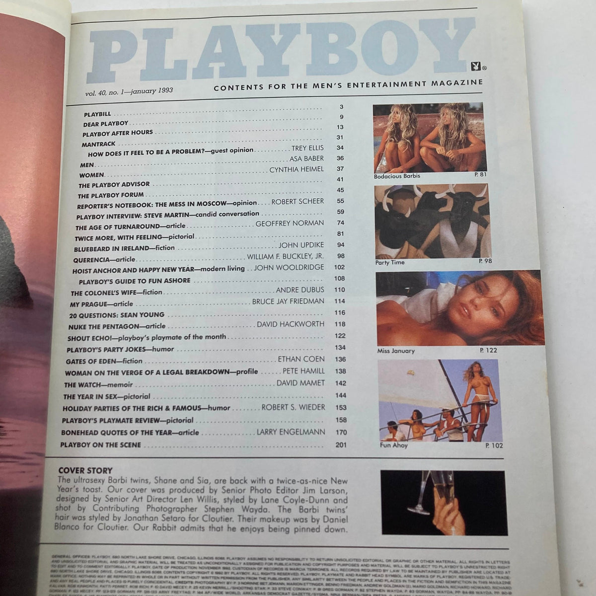 Table of contents from Playboy Magazine January 1993 Vol 40 No. 1, showcasing articles including interviews and features, along with featured models.