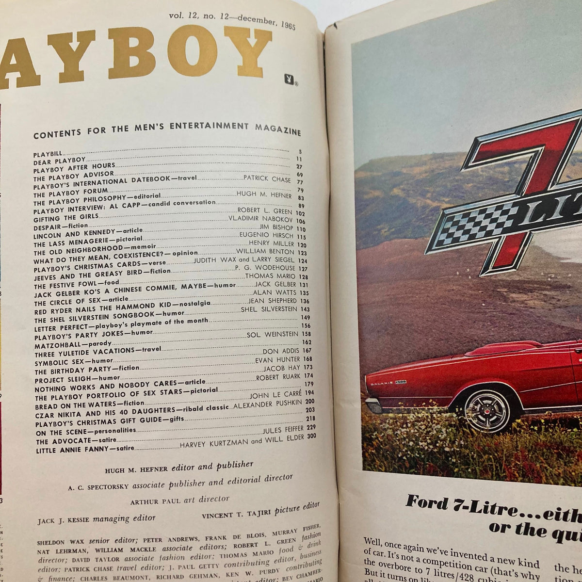 Interior page of VTG Playboy Magazine December 1965 Vol 12 No. 12 listing contents, showcasing various articles and features.