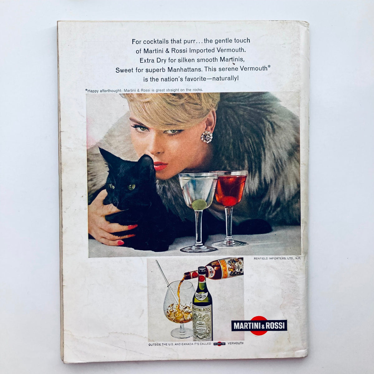 Back cover of VTG Playboy Magazine June 1966 featuring a glamorous woman with a black cat, alongside Martini & Rossi advertisement.