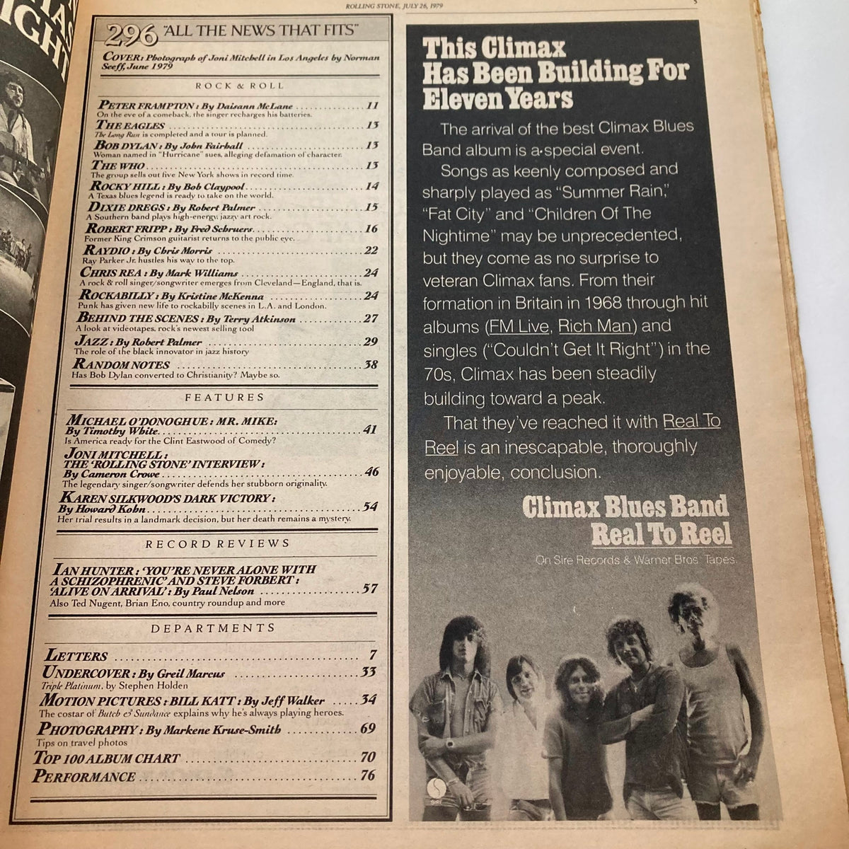 Inside page of Rolling Stone Magazine July 26 1979, displaying the table of contents including features on Joni Mitchell and other music-related articles.
