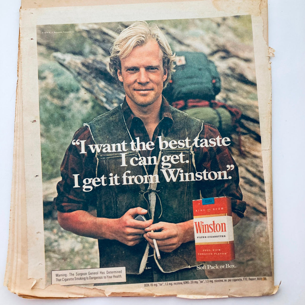 Winston Cigarettes advertisement featuring a man with a quote, 'I want the best taste I can get. I get it from Winston.' This vintage ad is from the July 26, 1979 issue of Rolling Stone Magazine featuring Joni Mitchell on the cover.