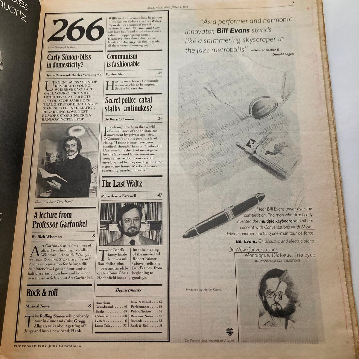 Inside page of Rolling Stone Magazine June 1, 1978 Issue 266 featuring articles and interviews with Carly Simon and other rock legends.