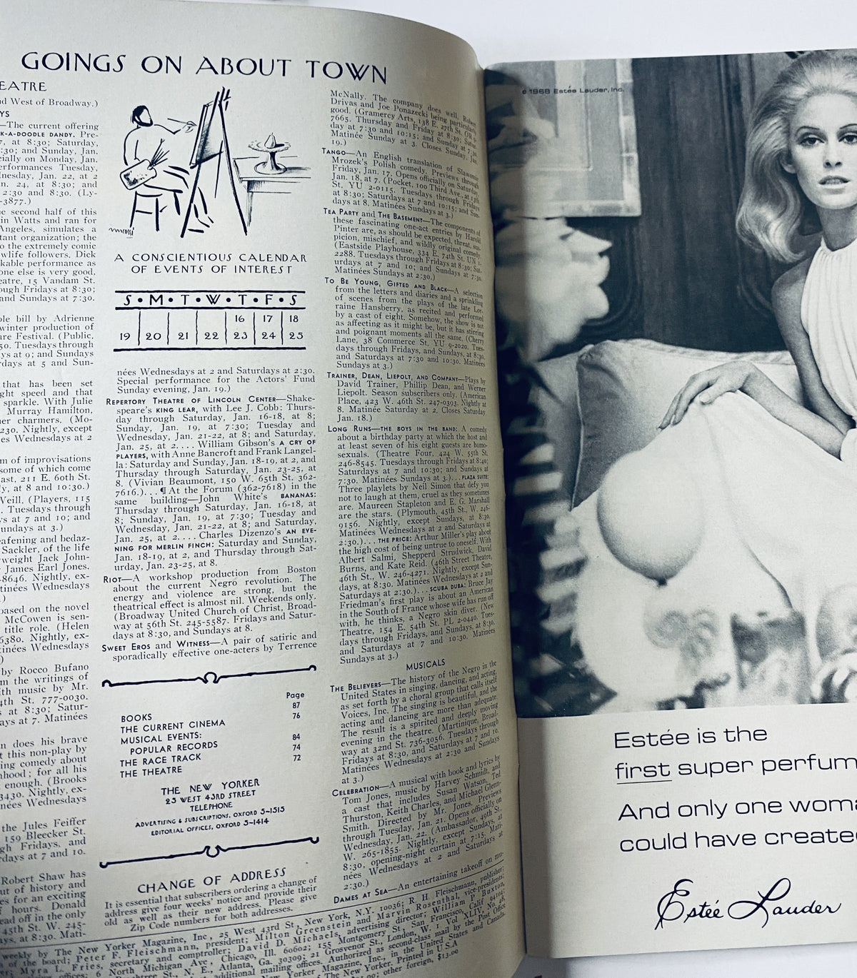 Inside pages of The New Yorker Magazine January 18, 1969 highlighting events and activities in a creative layout, accompanied by a vintage advertisement for Estée Lauder perfume.