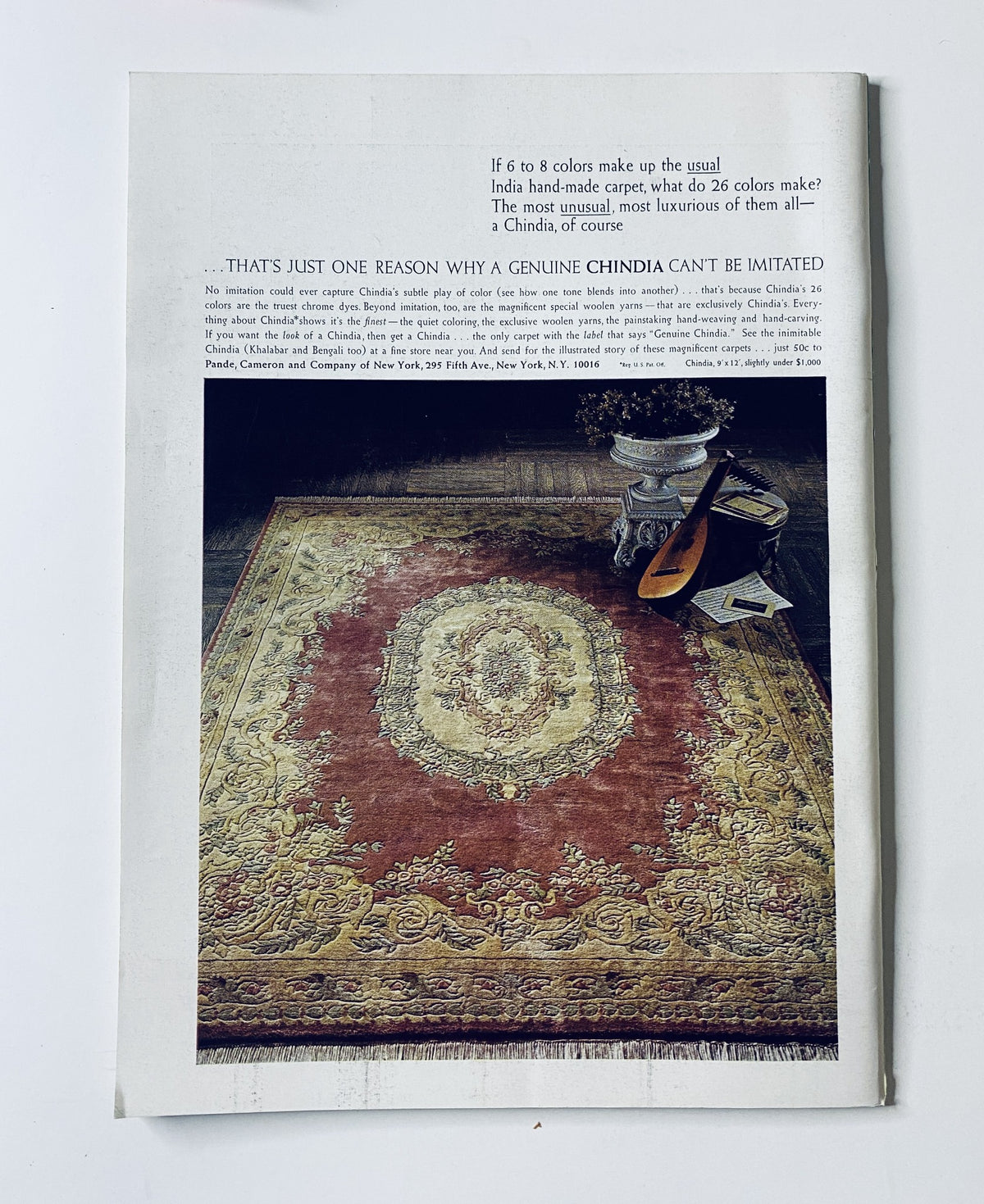 Back cover of The New Yorker Magazine January 18, 1969 displaying a colorful advertisement for a genuine Chindia carpet, emphasizing its unique qualities and craftsmanship.