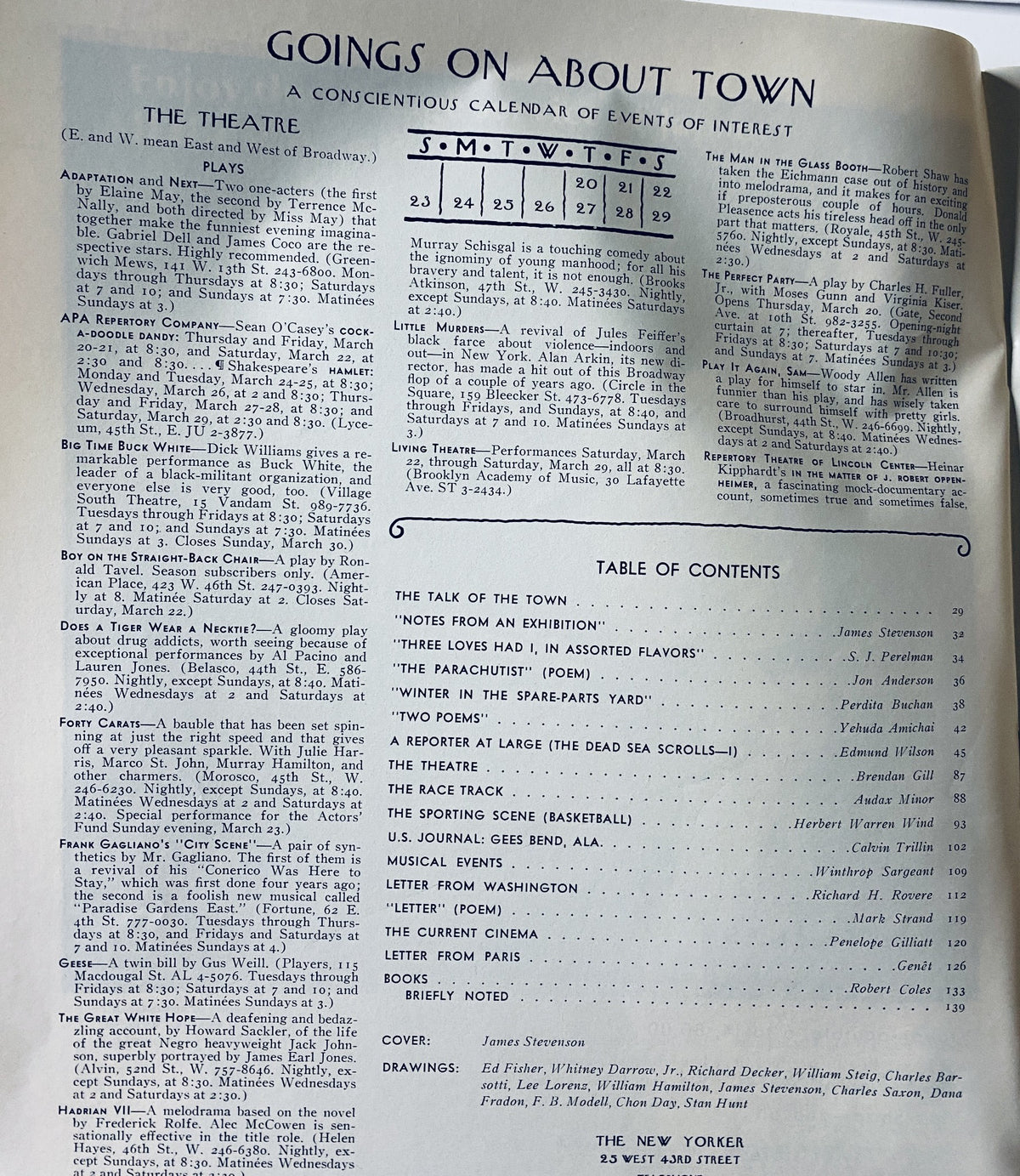 Inside page of The New Yorker Magazine March 22, 1969 showing the Goings On About Town calendar and table of contents, detailing events and articles including 'Notes from an Exhibition' and 'The Theatre'.