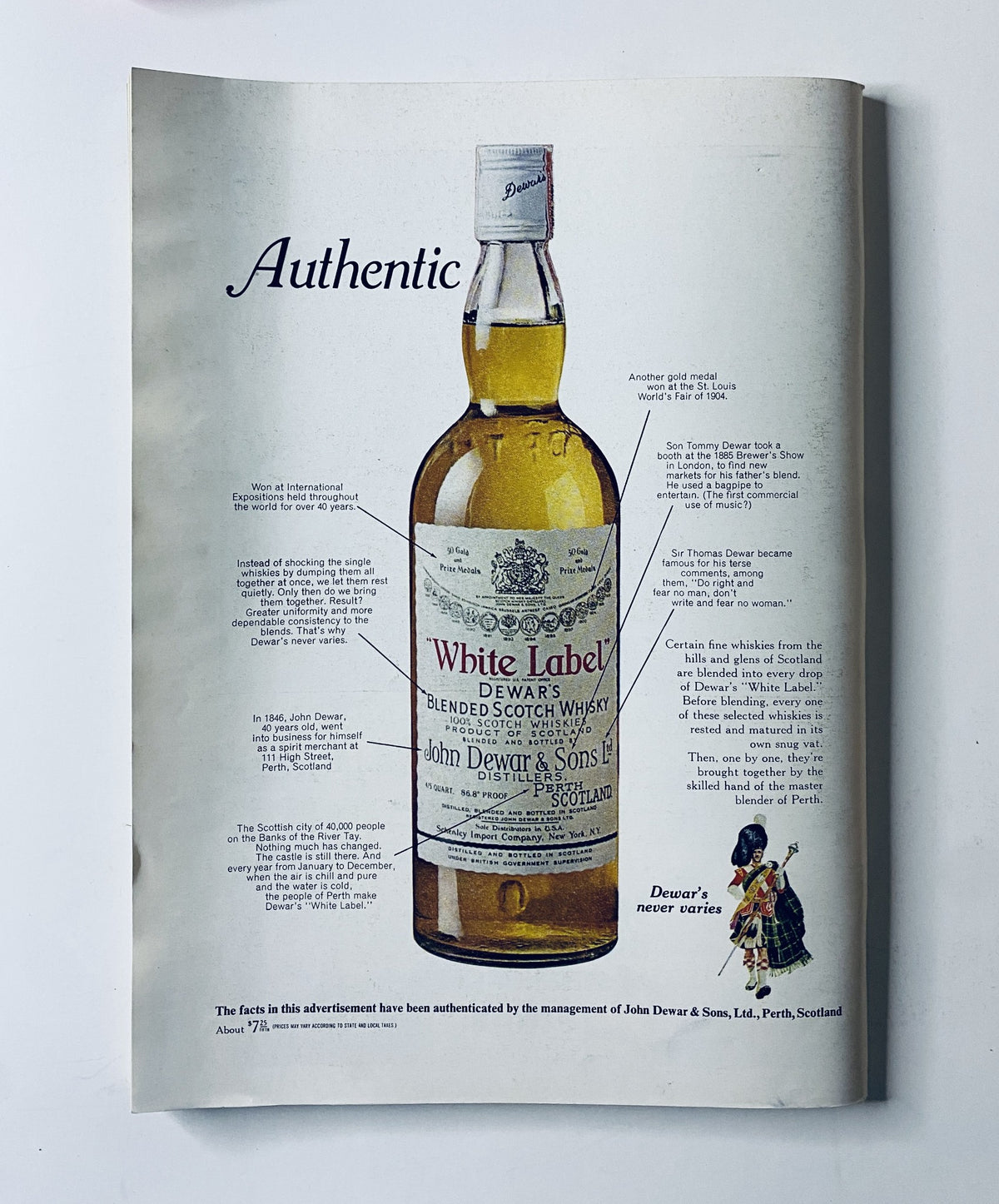 Advertisement for White Label Dewar's Blended Scotch Whisky in The New Yorker Magazine October 18, 1969, highlighting the product's authenticity with detailed descriptions and promotional visuals.