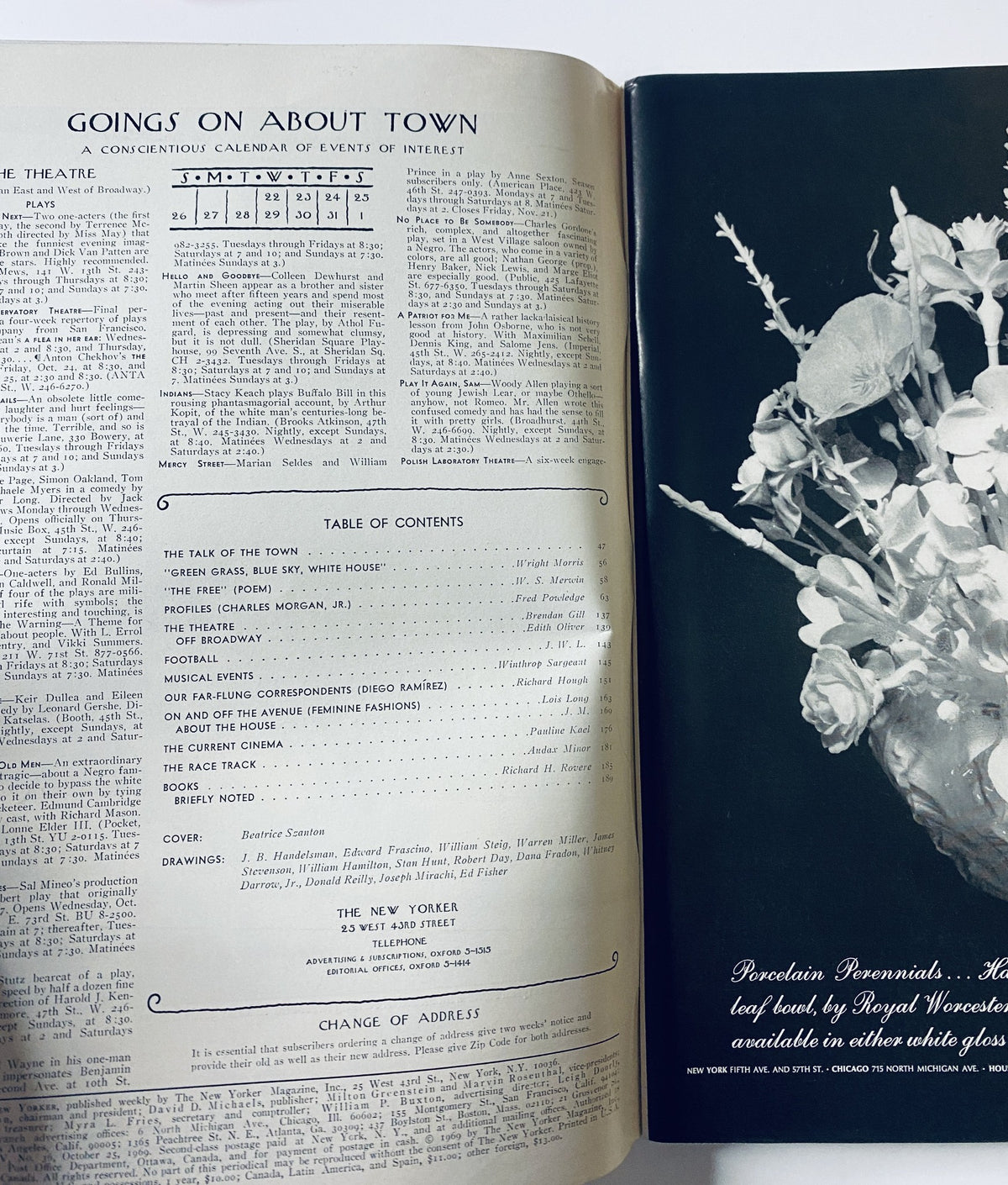 The New Yorker Magazine October 25, 1969 featuring Beatrice Stanton's Harvest Still Life artwork, showcasing Goings on About Town and the Table of Contents, in very good condition.