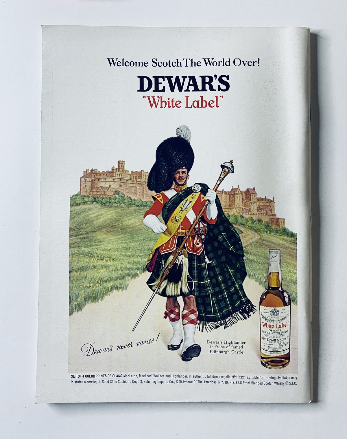 The New Yorker Magazine April 26, 1969 back cover advertisement for Dewar's 'White Label' Scotch whisky featuring a Highlander.