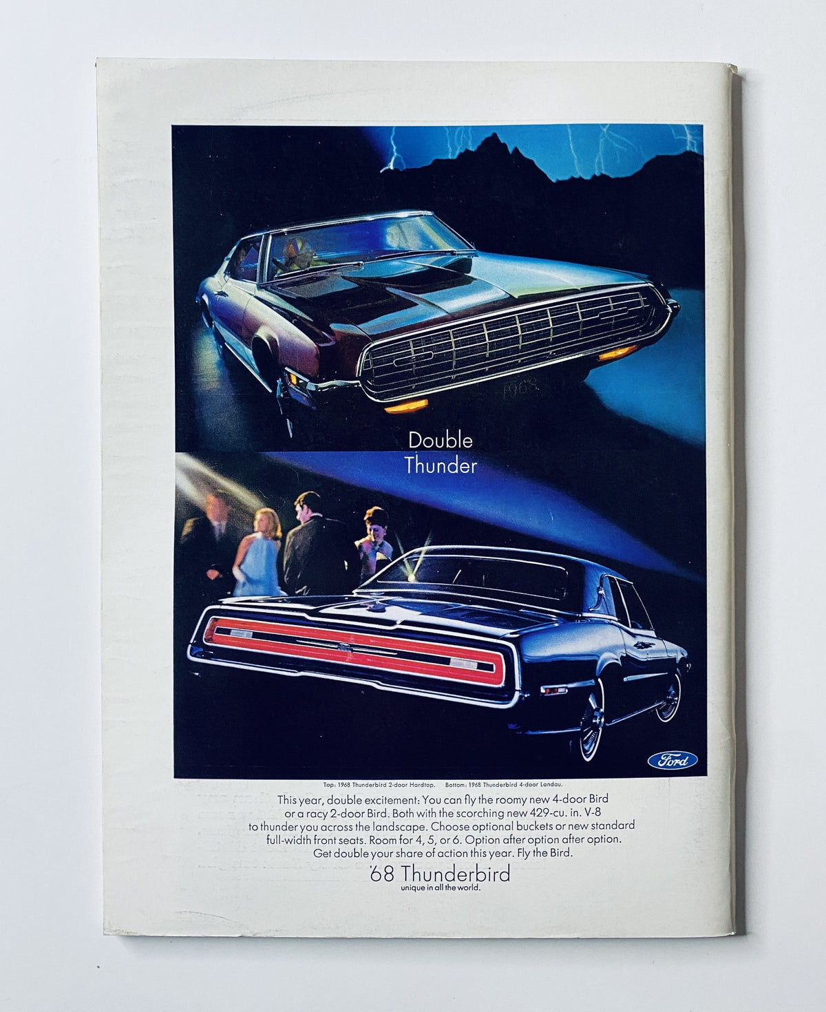 Advertisement for the 1968 Thunderbird car in The New Yorker Magazine from March 9, 1968, featuring two attractive images of the vehicle with a nighttime backdrop.