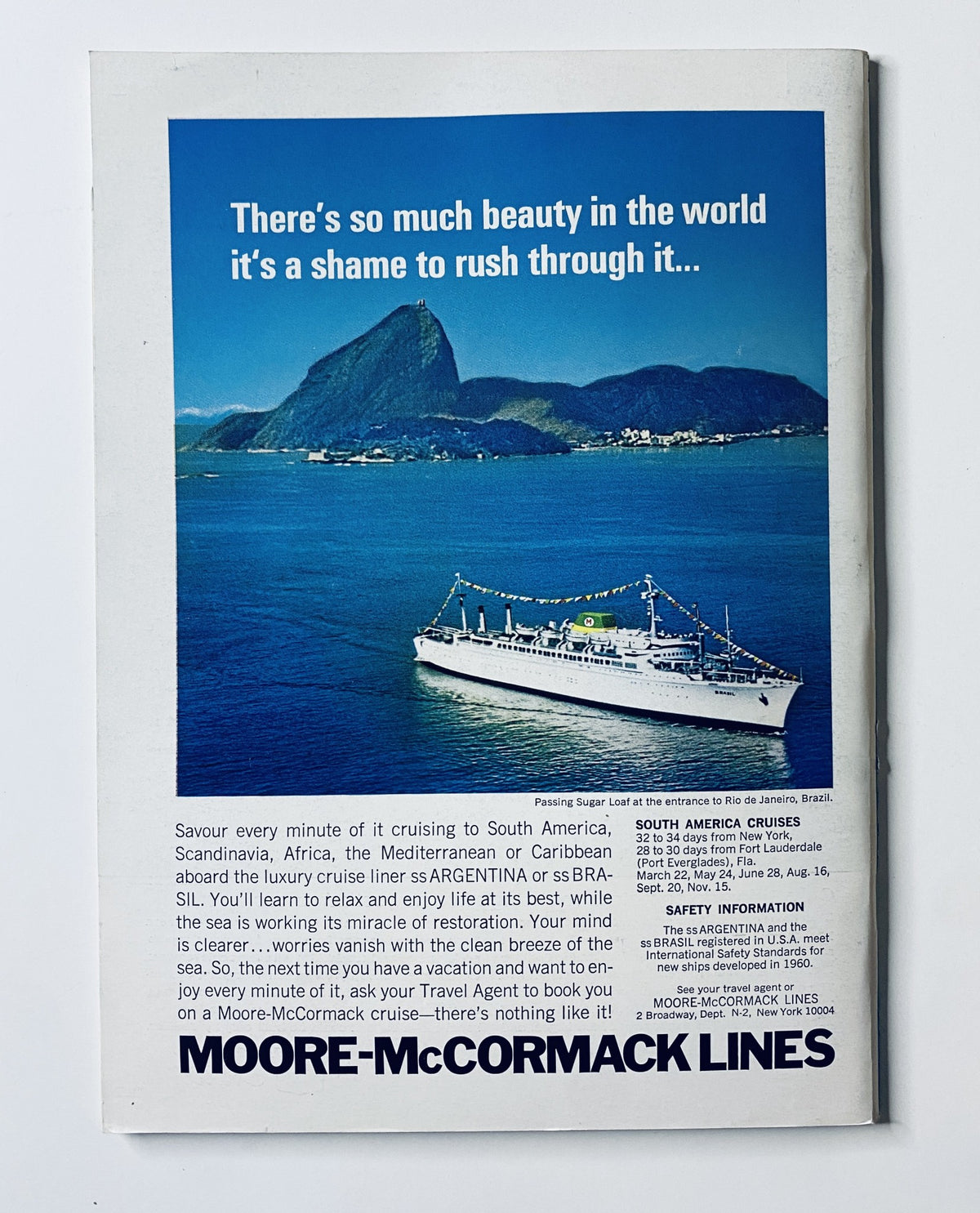 Ad page from The New Yorker Magazine February 24, 1968, promoting Moore-McCormack Lines cruises with a scenic image of a ship sailing near a coastal mountain landscape.