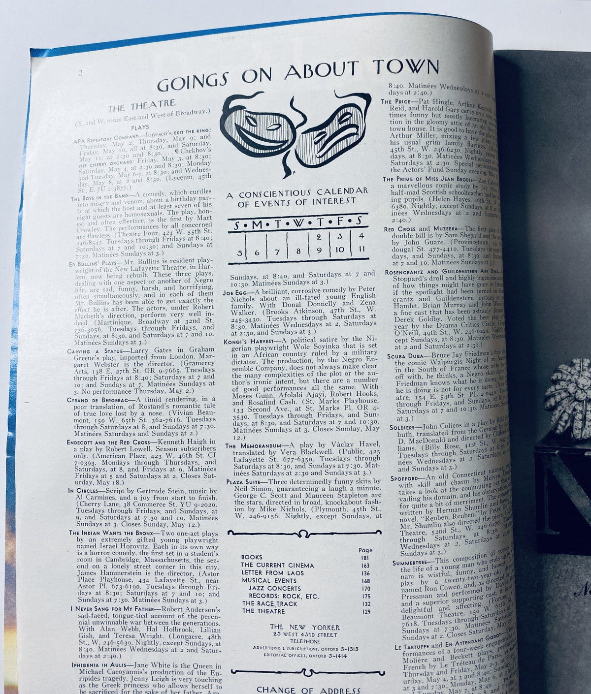 Inside page of The New Yorker Magazine, May 4, 1968, displaying a calendar of events titled 'Goings On About Town', highlighting various theatrical performances and cultural activities.
