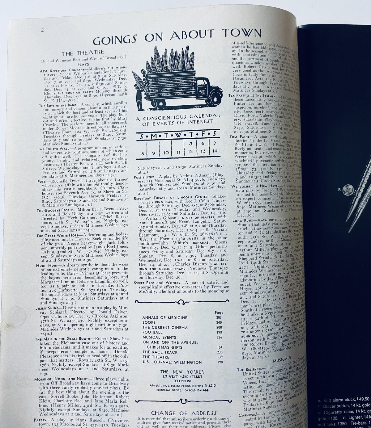 The New Yorker Magazine December 7, 1968 titled 'Goings On About Town' featuring a calendar of events of interest and listings related to The Theatre. The page mainly focuses on theatrical happenings and cultural events, presented in a vintage format.