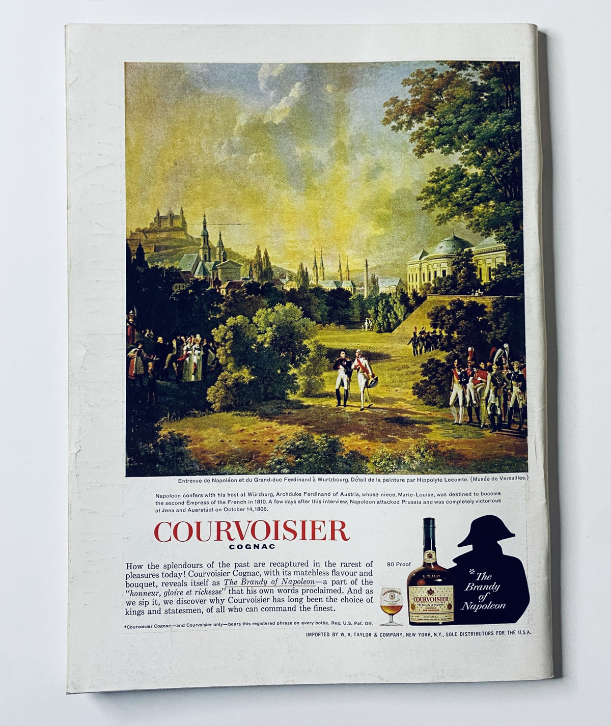 Back cover of The New Yorker Magazine March 23, 1968 featuring a vintage advertisement for Courvoisier Cognac, with a scenic landscape and historical depiction.