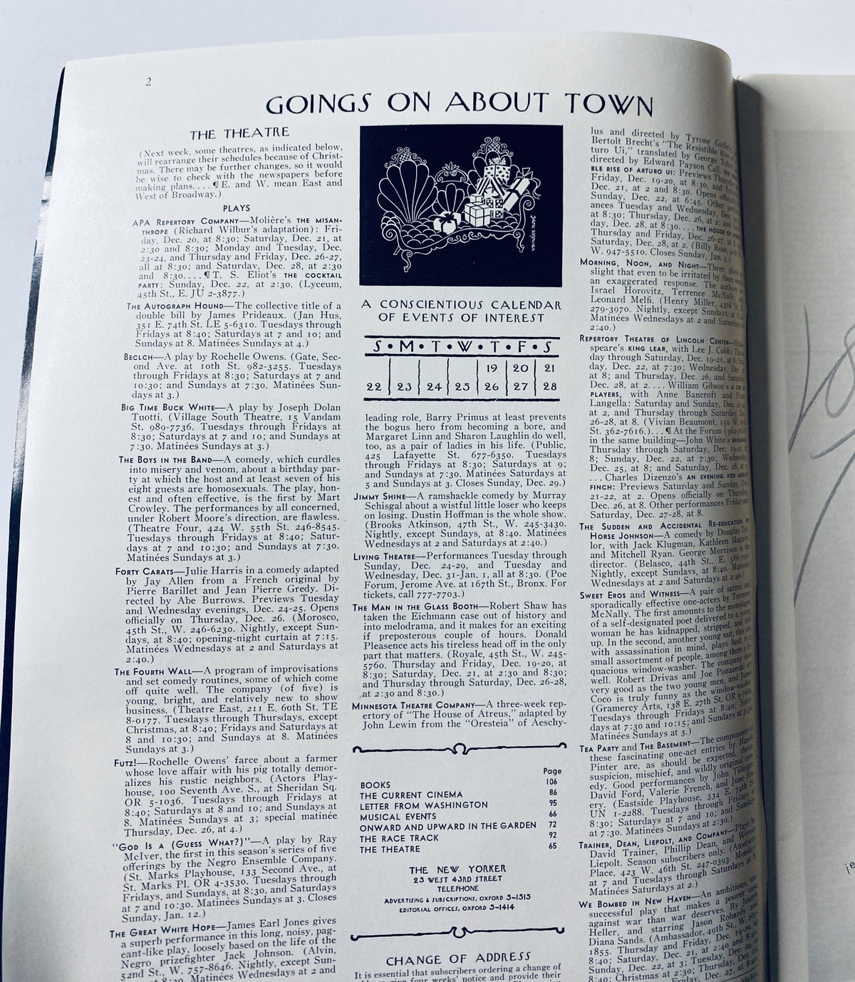 Interior page from The New Yorker Magazine December 21, 1968 displaying the 'Goings On About Town' section with a calendar of events and theatre listings.