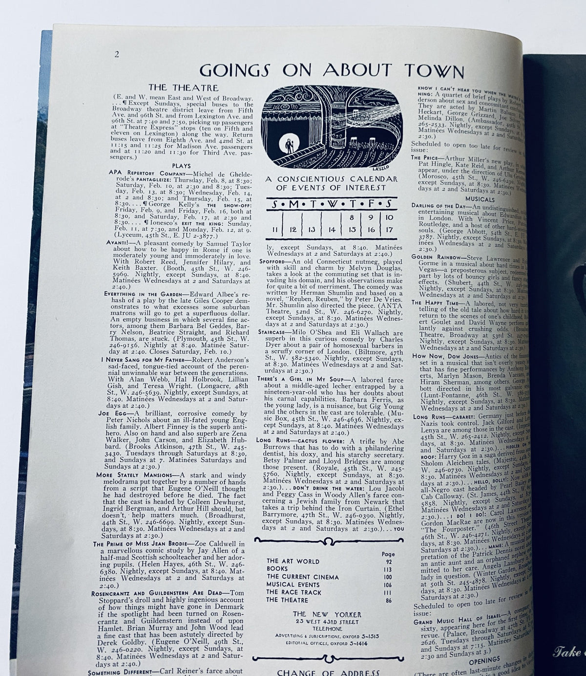 Inside page of The New Yorker Magazine, February 10, 1968, detailing the 'Goings On About Town' section with a calendar of events and theatre listings.