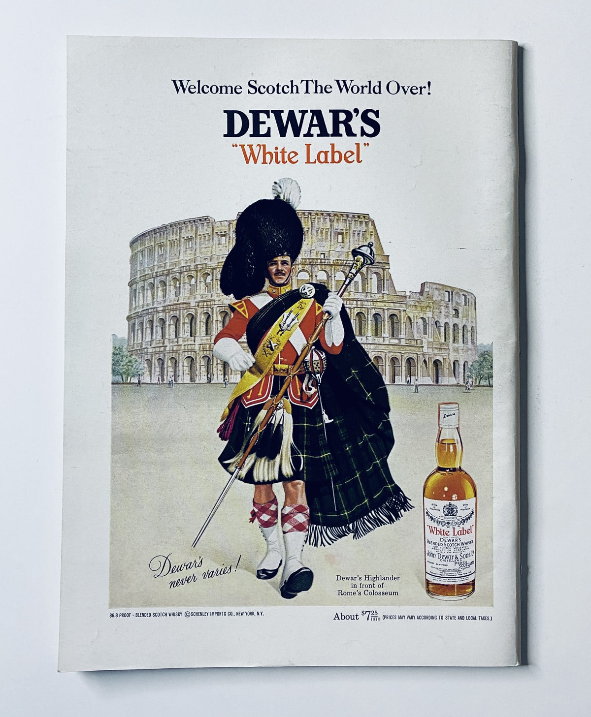 Back cover advertisement of The New Yorker Magazine from February 10, 1968, promoting Dewar's 'White Label' Scotch whisky, featuring a Scottish soldier in traditional attire.