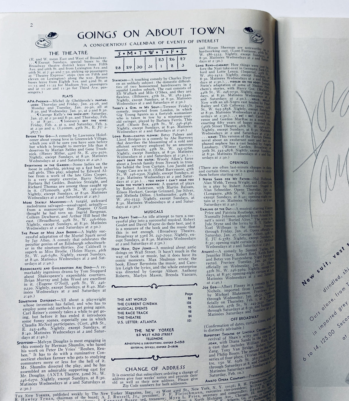 Interior page of The New Yorker Magazine January 27, 1968 displaying the 'Goings on About Town' section, featuring listings for theatre, plays, and musical events.