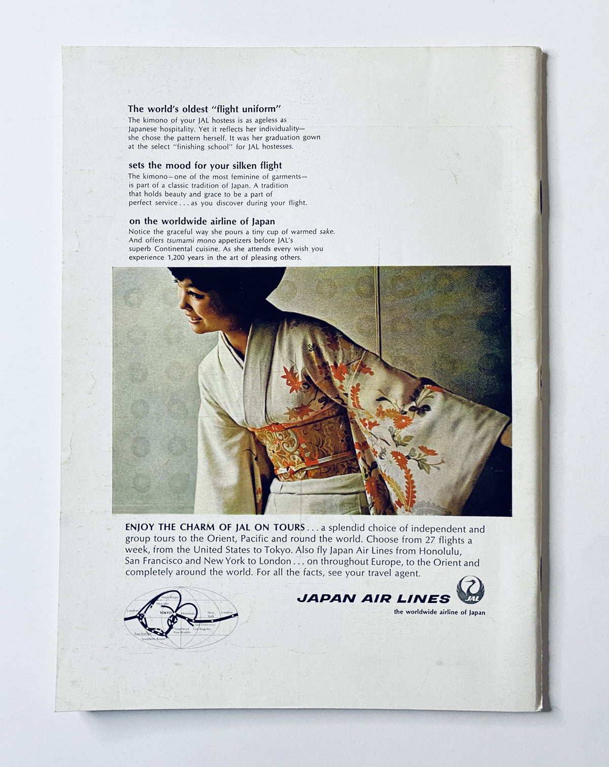 Back cover of The New Yorker Magazine January 27, 1968 showcasing an advertisement for Japan Air Lines with an image of a woman in traditional Japanese attire.