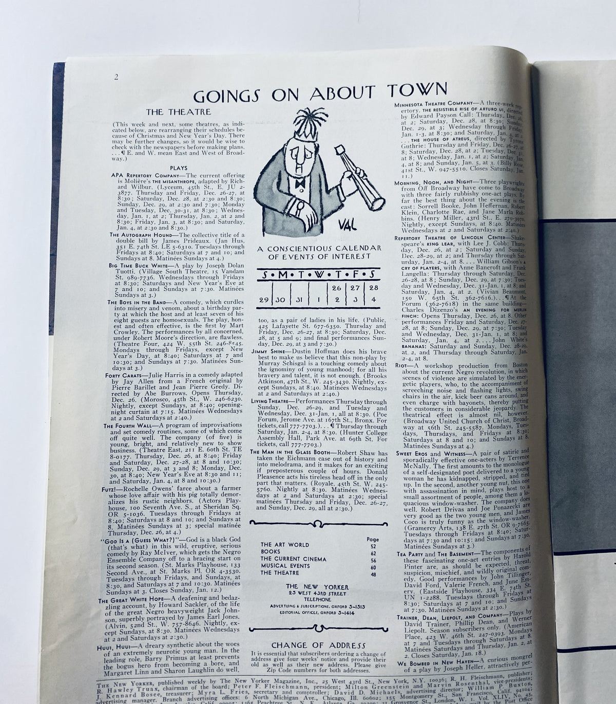 Interior page of The New Yorker Magazine December 28, 1968, titled 'Goings On About Town,' showcasing an illustrated calendar of events.