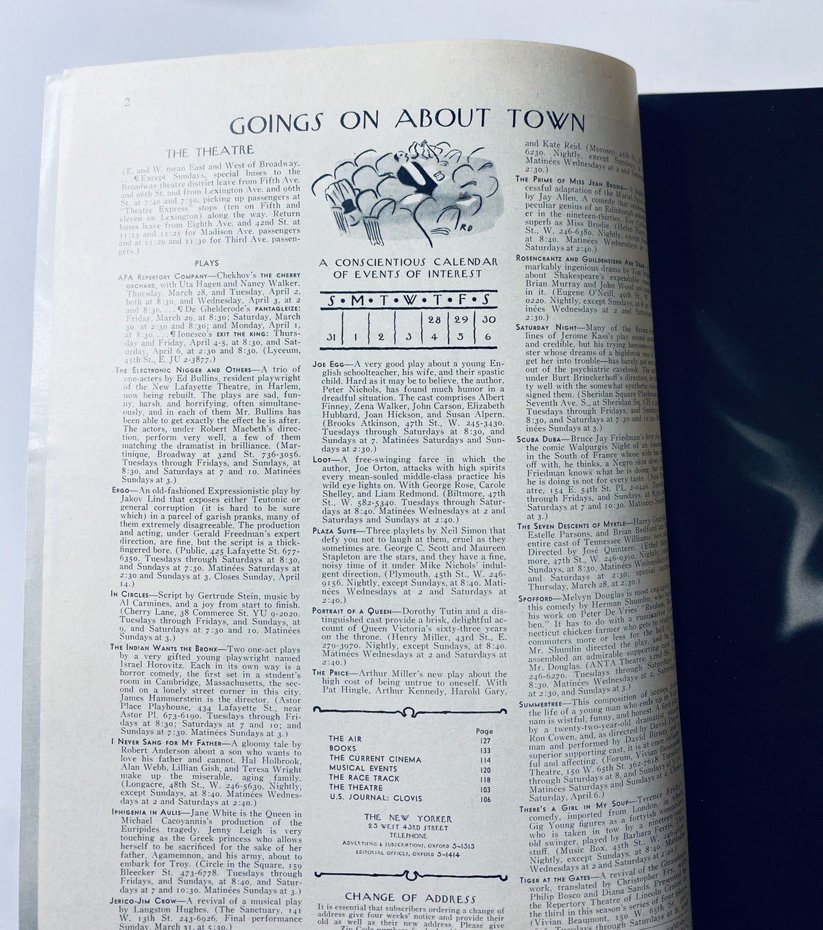 Interior page of The New Yorker Magazine March 30, 1968 displaying the 'Goings On About Town' section with theater listings and event calendar.