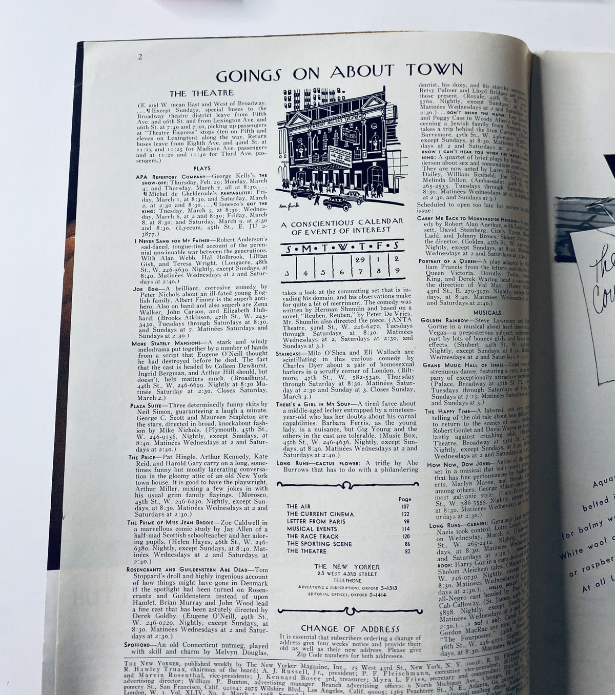 Goings On About Town section featuring the Theatre listings from The New Yorker Magazine March 2, 1968, showcasing cultural events and activities.