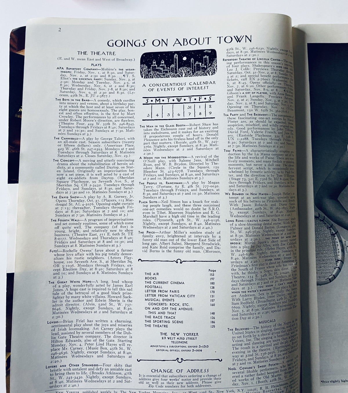 Inside page of The New Yorker Magazine November 2, 1968, showcasing 'Goings On About Town', a calendar of events including theatre listings.