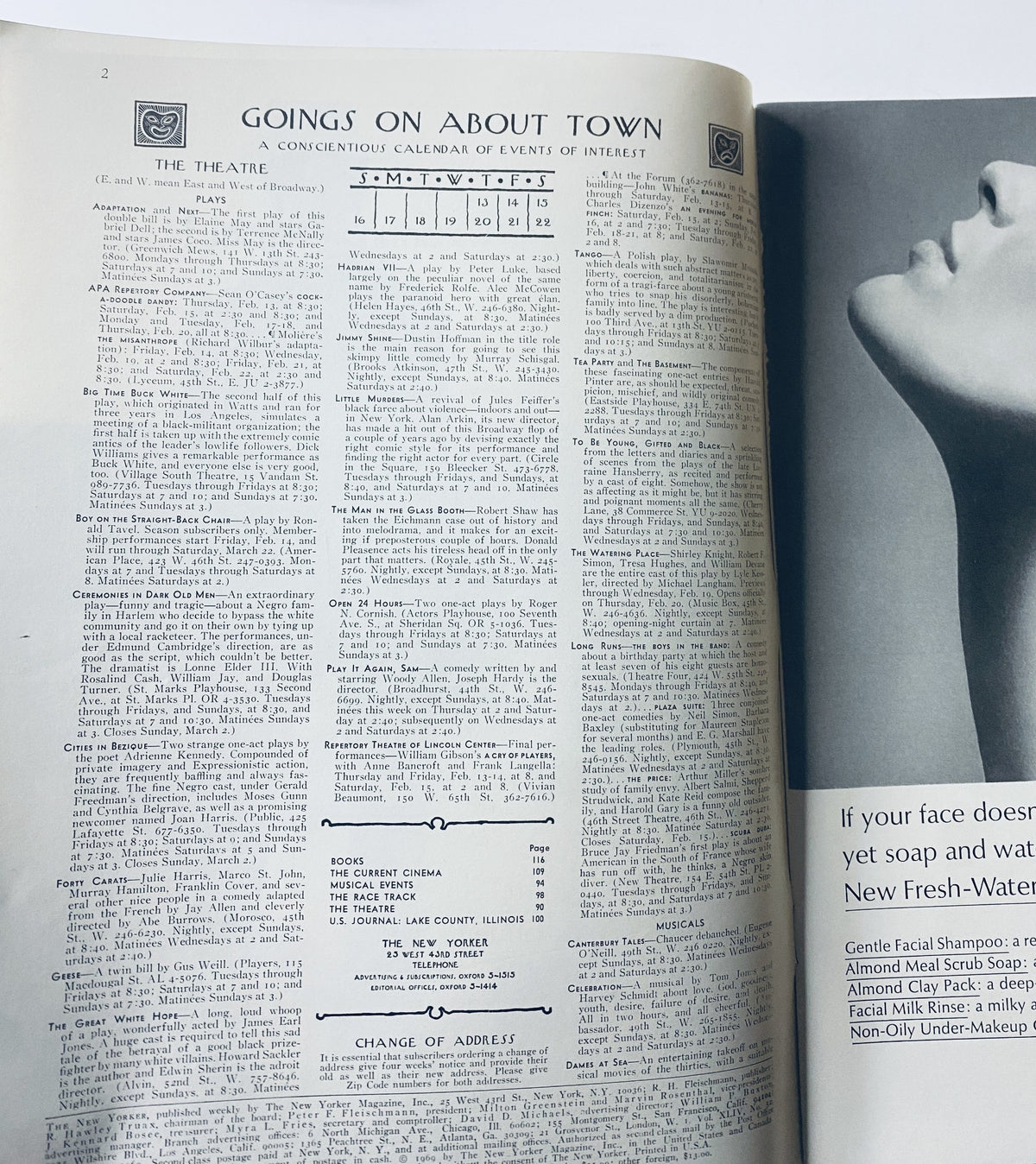 Interior page from The New Yorker Magazine February 15, 1969 featuring a 'Goings On About Town' section with a calendar of events, showcasing content related to theatre and cultural activities. The magazine is in very good condition with light edge wear.