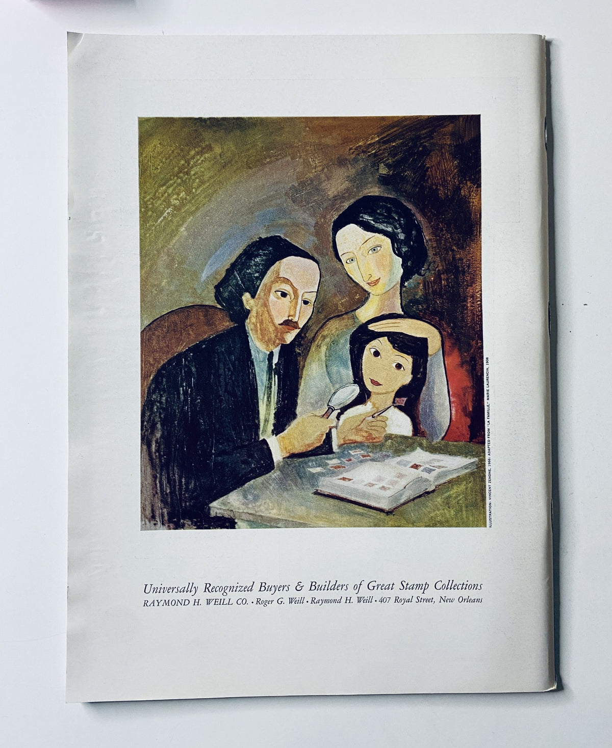 Back cover of The New Yorker Magazine December 20, 1969, featuring an artwork of a family with a child, promoting Raymond H. Weil Co. for stamp collections.