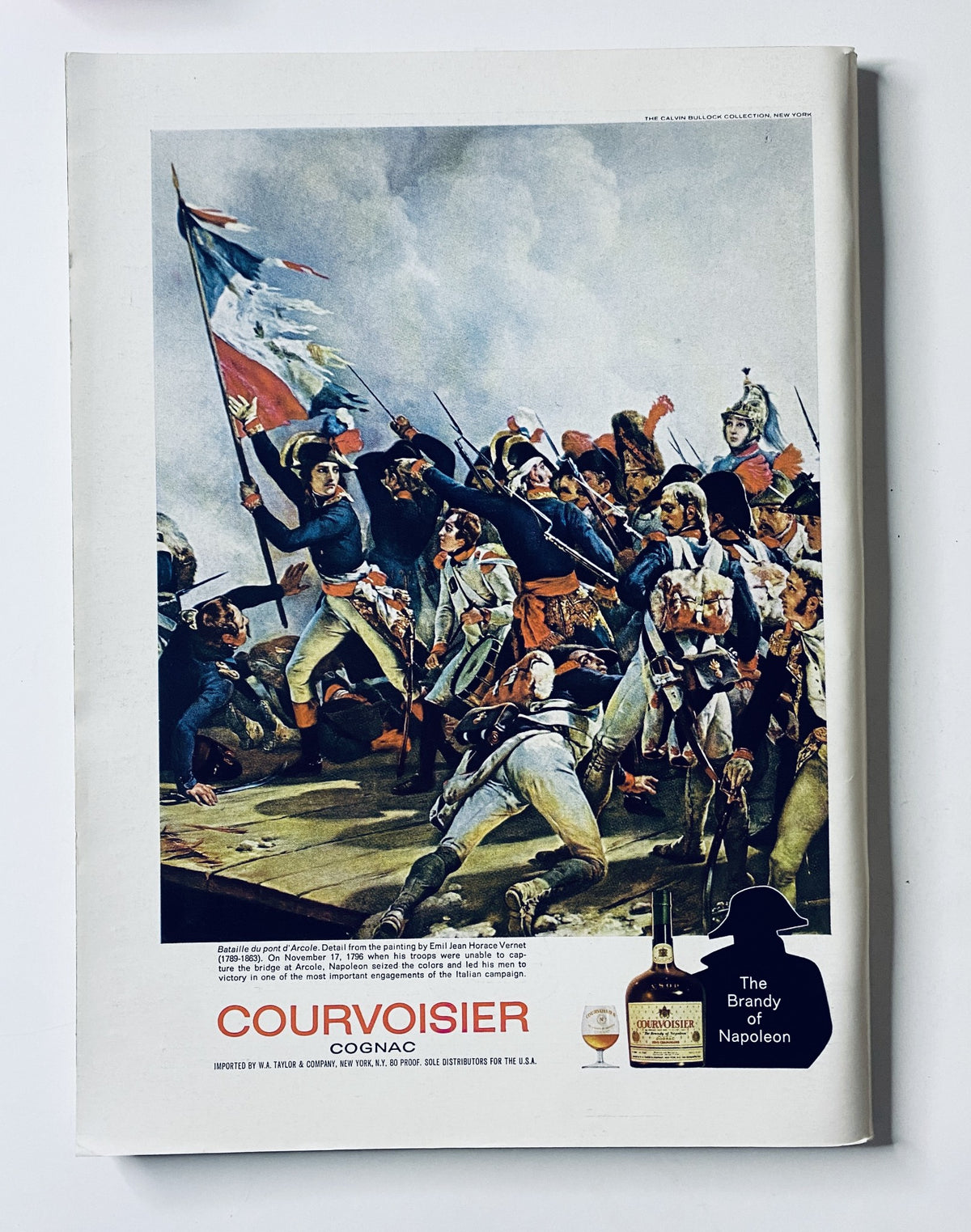 Vintage advertisement for Courvoisier Cognac featuring a dramatic historic battle scene, published in The New Yorker Magazine December 13, 1969 Charles Saxon Holiday Party Cover.
