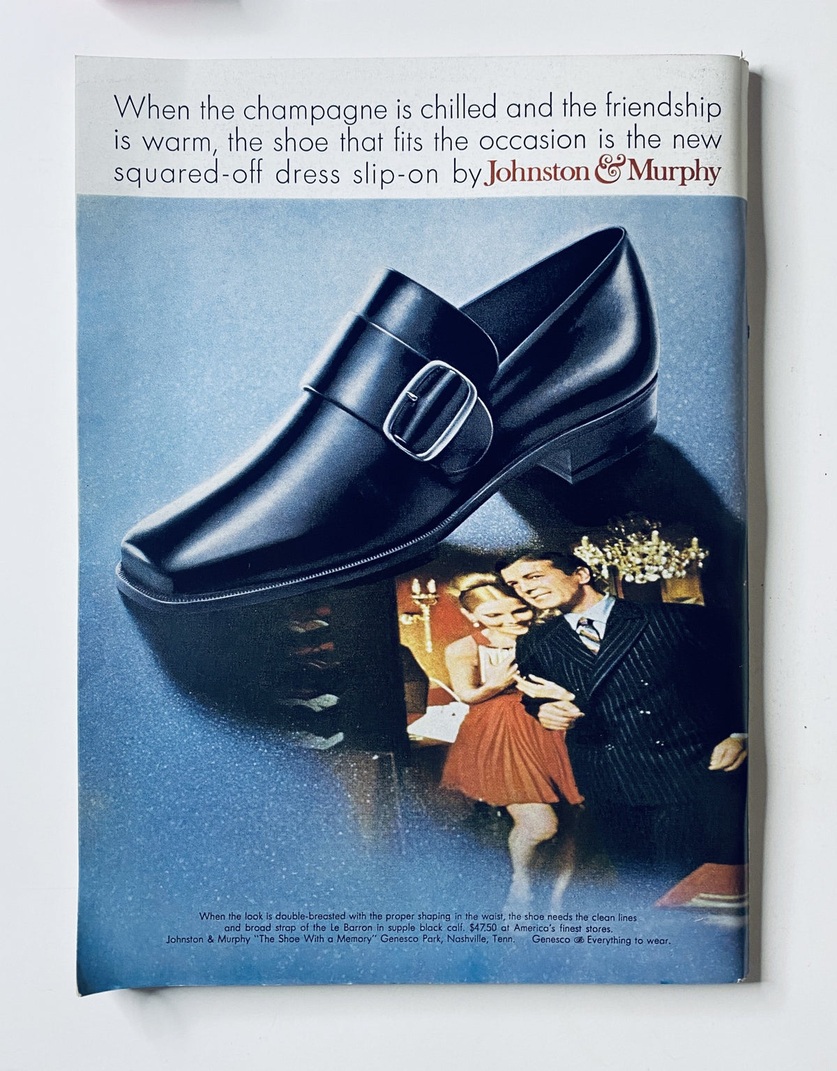 Advertisement on the back cover of The New Yorker Magazine November 29, 1969 for Johnston & Murphy footwear, featuring a formal shoe and model.