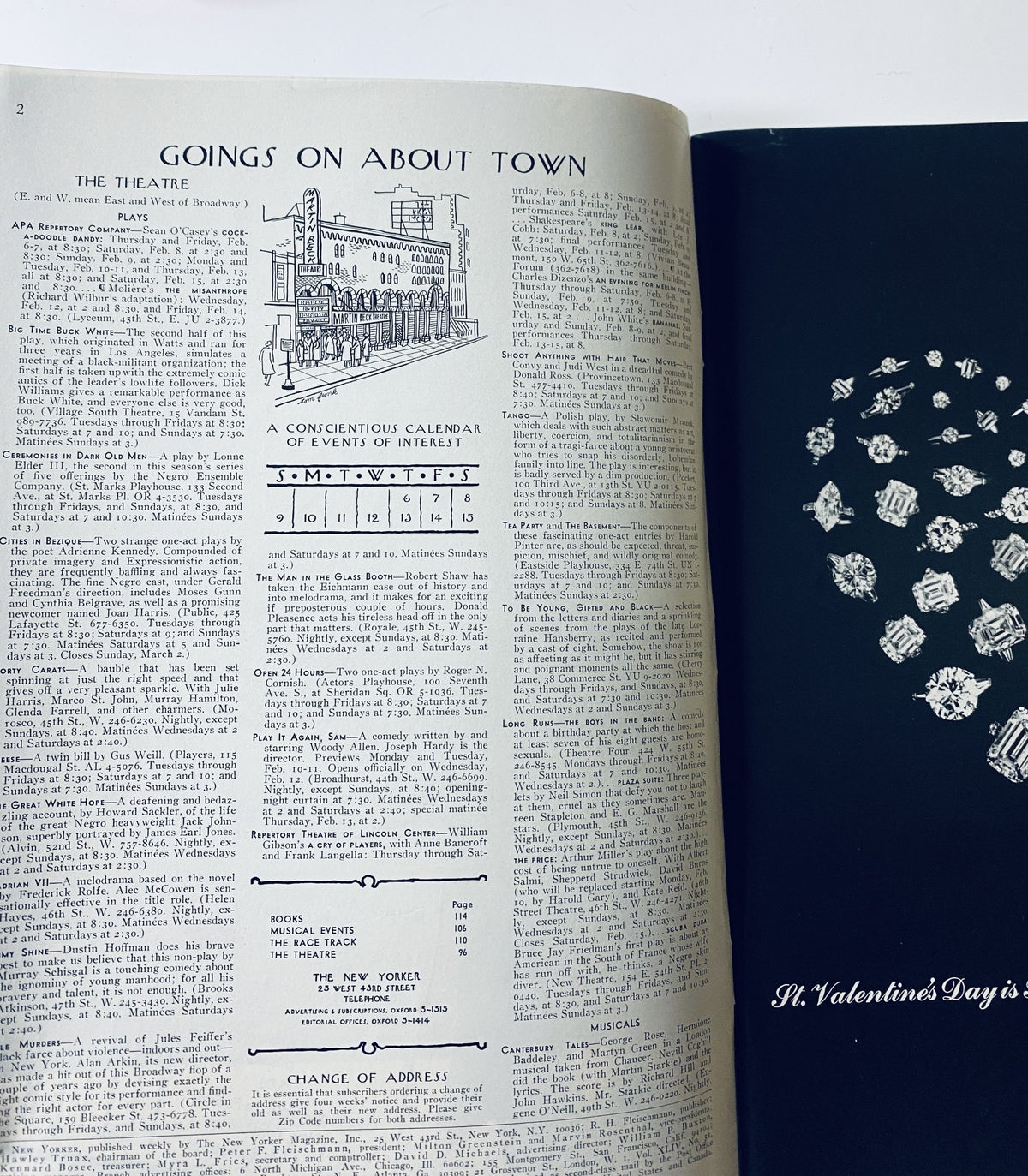 Interior page of The New Yorker Magazine February 8, 1969, displaying the 'Goings On About Town' section with listings of events and activities, along with an advertisement for St. Valentine's Day.