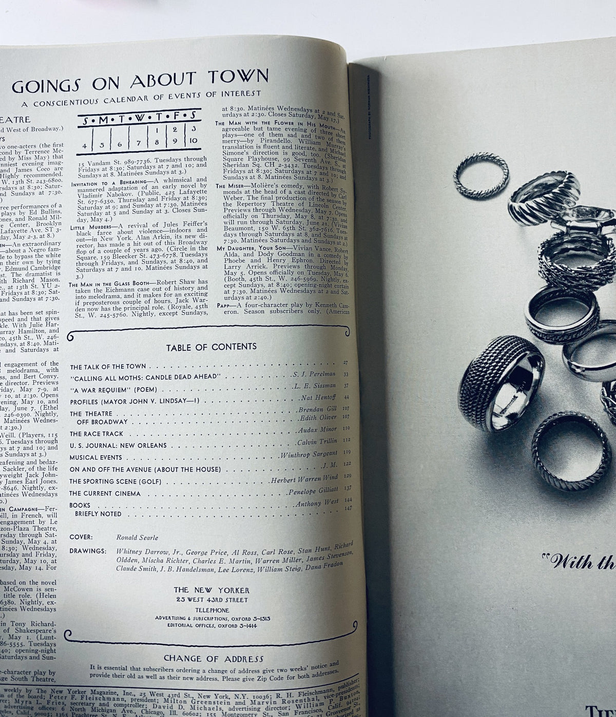 Inside pages of The New Yorker Magazine May 3, 1969, displaying the Table of Contents and calendar of events.