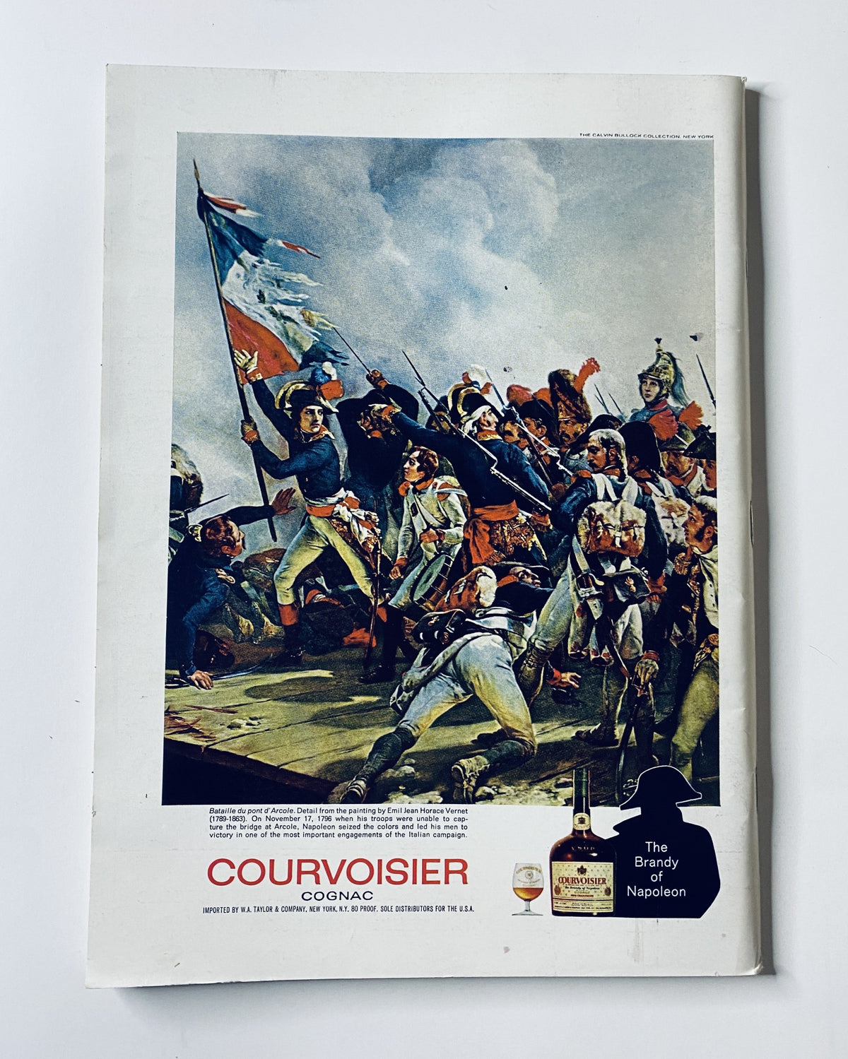 The New Yorker Magazine April 19, 1969 showcasing an advertisement for Courvoisier Cognac, featuring a historical scene with soldiers, highlighting the brand with a silhouette of Napoleon. The magazine's cover design is notable for its vintage appeal.