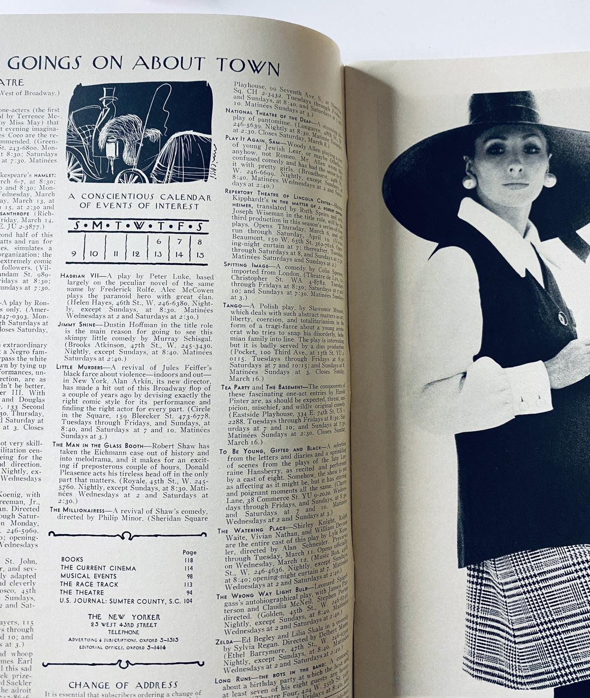 Interior page of The New Yorker Magazine March 8, 1969 showing a calendar of events titled 'Goings On About Town' along with a stylish woman wearing a wide-brimmed hat.