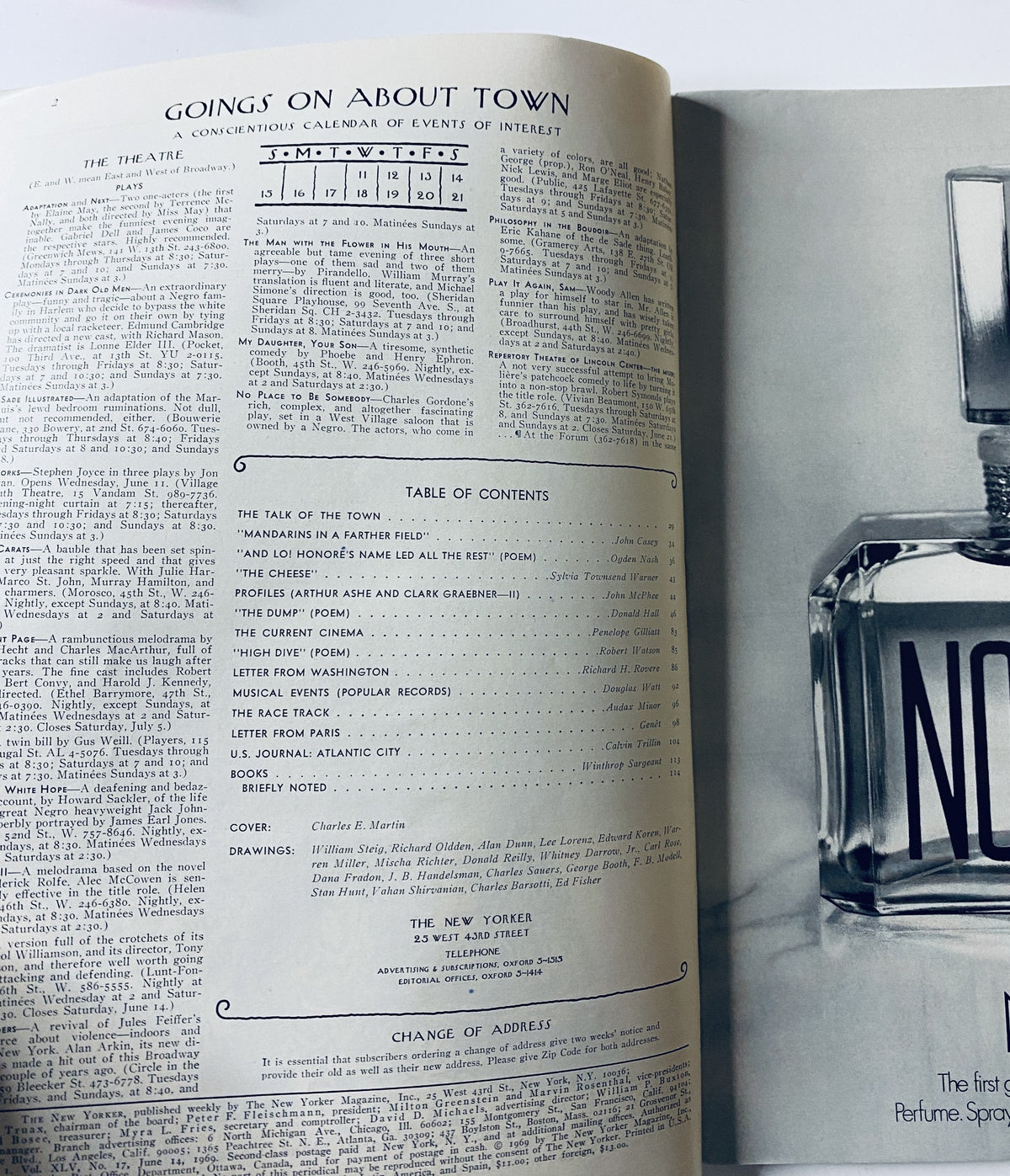 Inside page of The New Yorker Magazine June 14, 1969 with Goings on About Town section and Table of Contents highlighting various literary contributions and articles.