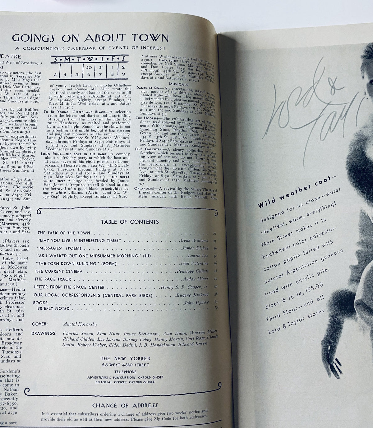 Interior page of The New Yorker Magazine August 2, 1969 featuring the Table of Contents and calendar of events, highlighting content by various authors, in very good condition.
