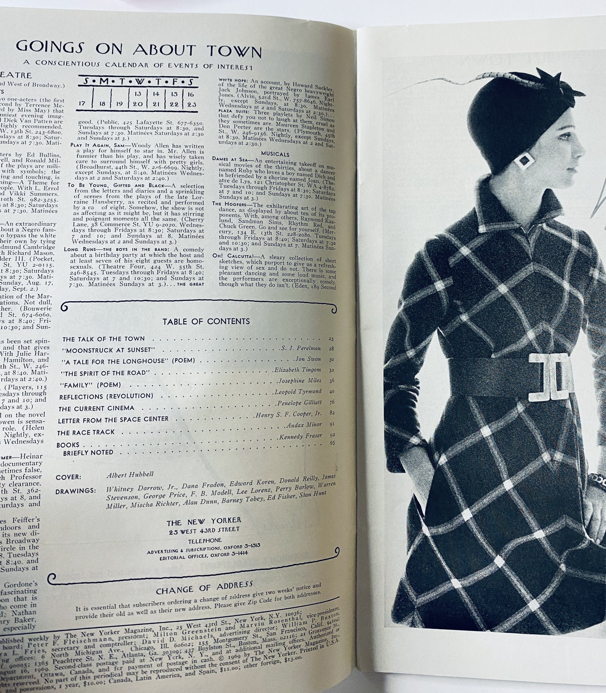 Inside page of The New Yorker Magazine August 16, 1969 displaying a calendar of events titled 'Goings On About Town' and the Table of Contents, featuring high-fashion modeling in a plaid coat.
