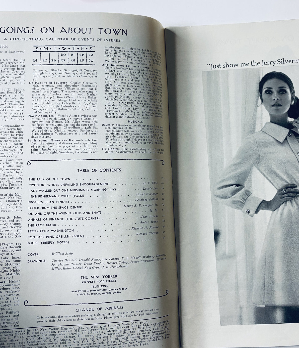 Interior page of The New Yorker Magazine, August 23, 1969, showcasing the Table of Contents and a calendar of events alongside an image of a model wearing a stylish outfit.