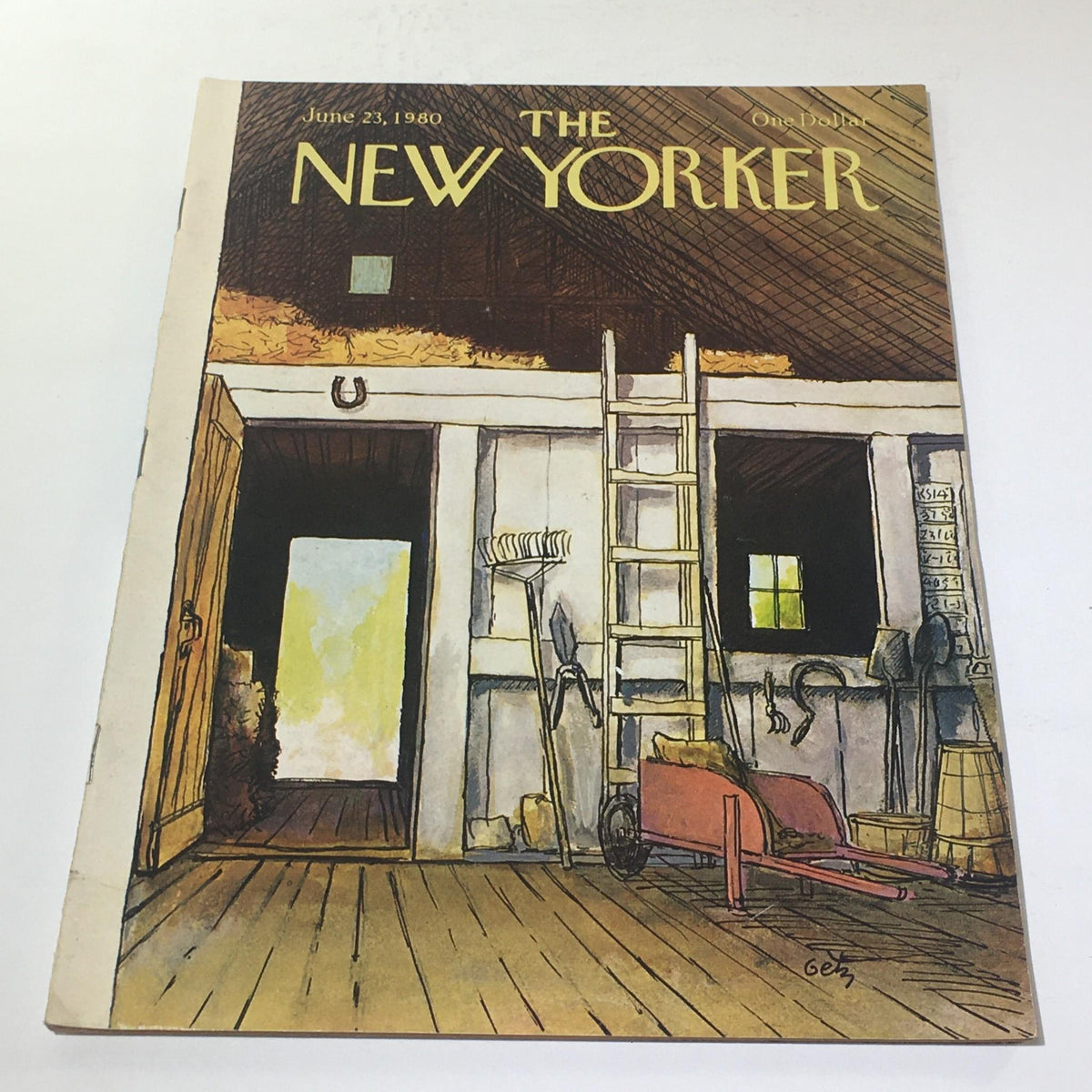 Cover of The New Yorker: June 23 1980 featuring art by Arthur Getz, depicting a rustic interior scene with a ladder, wheelbarrow, and farming tools, capturing the essence of life in New York during the late 20th century.