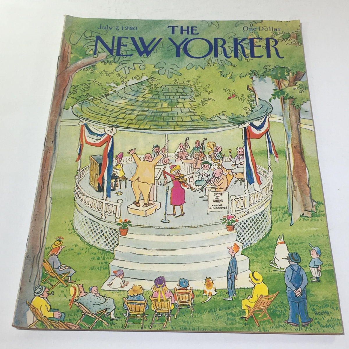 Cover of The New Yorker: July 7 1980 featuring an illustration by George Booth depicting a lively gathering at a gazebo with musicians and an audience enjoying a performance.