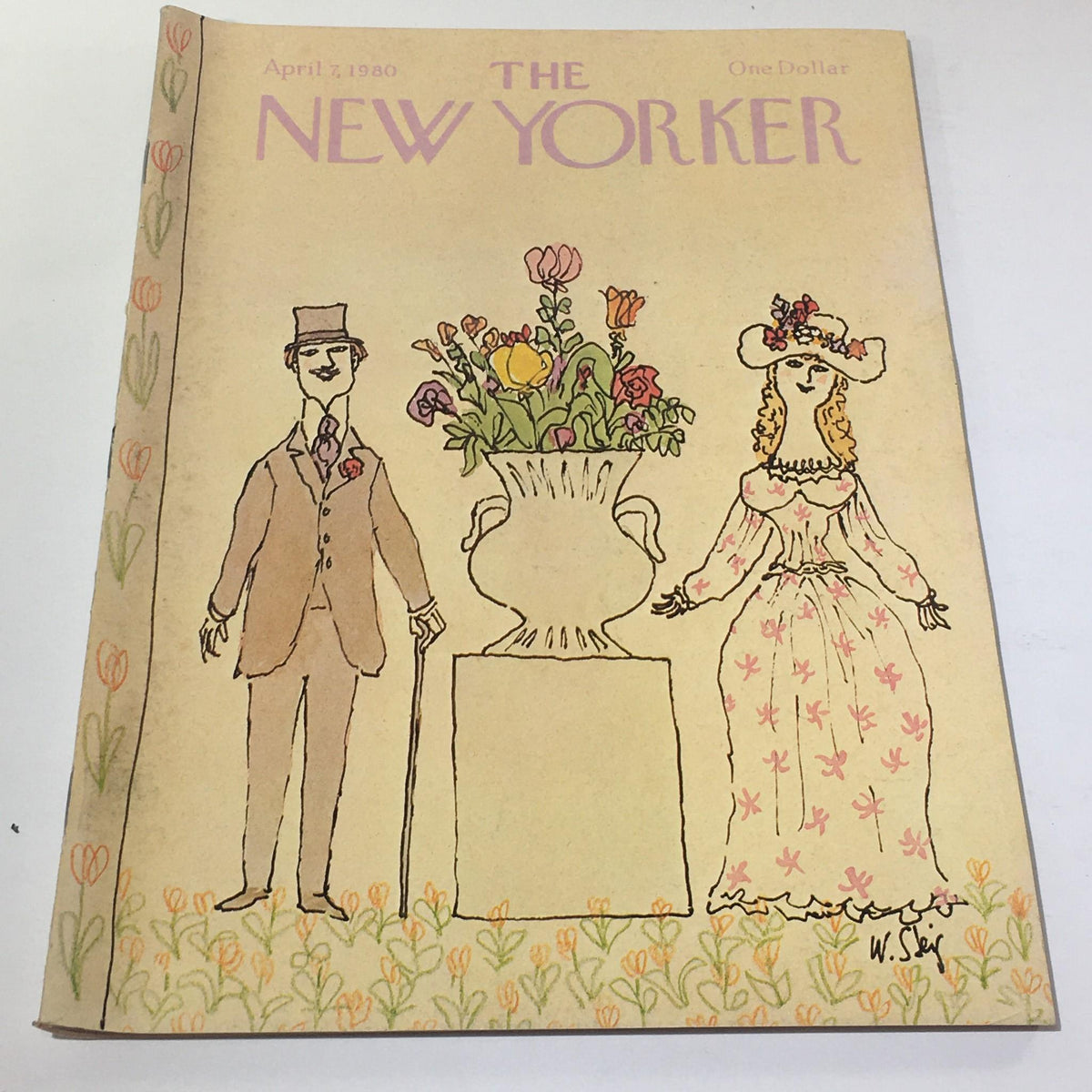 Cover of The New Yorker magazine from April 7, 1980, featuring a whimsical illustration by William Steig, depicting a man and woman beside a floral urn.
