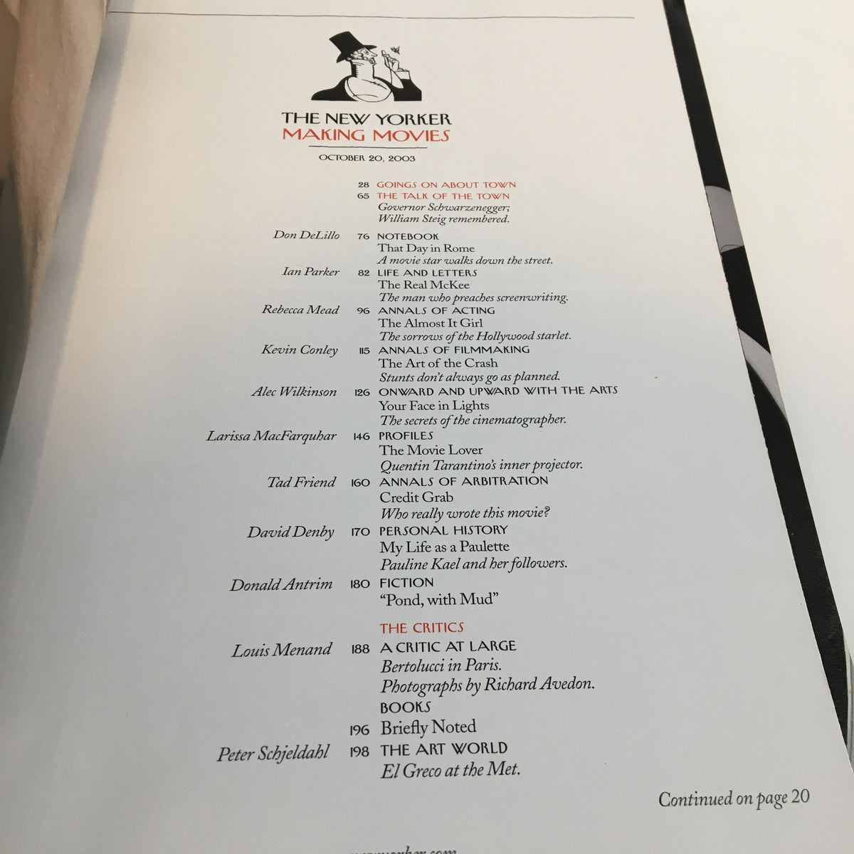 Inside page of The New Yorker Full Magazine, October 20, 2003, featuring the table of contents and articles on film and culture.