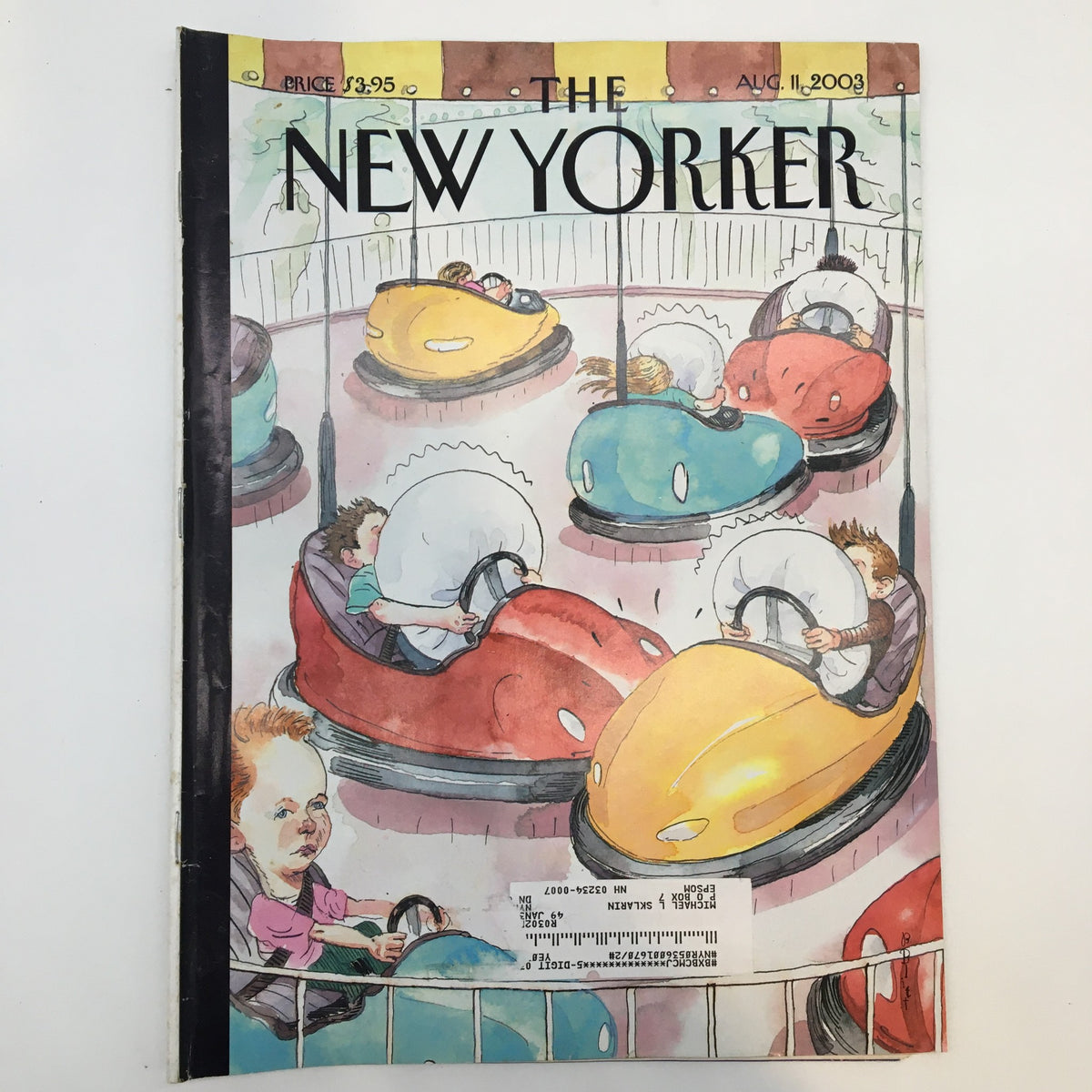 Cover of The New Yorker magazine, August 11, 2003, featuring the illustration titled 'Safety First' by Barry Blitt, showcasing colorful bumper cars and characters highlighting the magazine's artistic style.