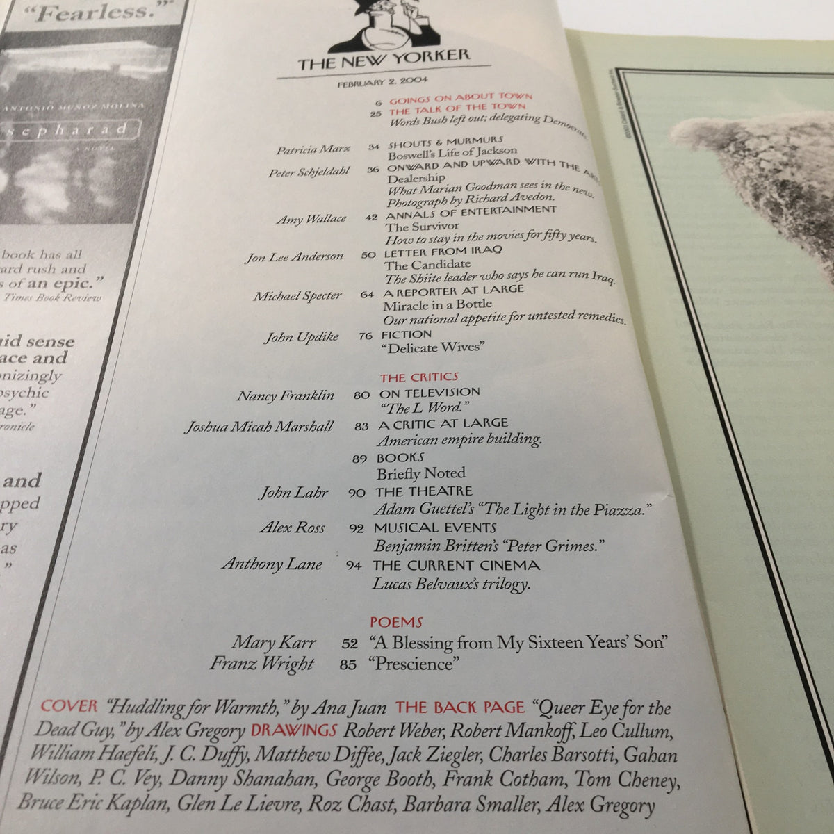 Interior page of The New Yorker magazine dated February 2, 2004, listing articles and contributors alongside literary content.
