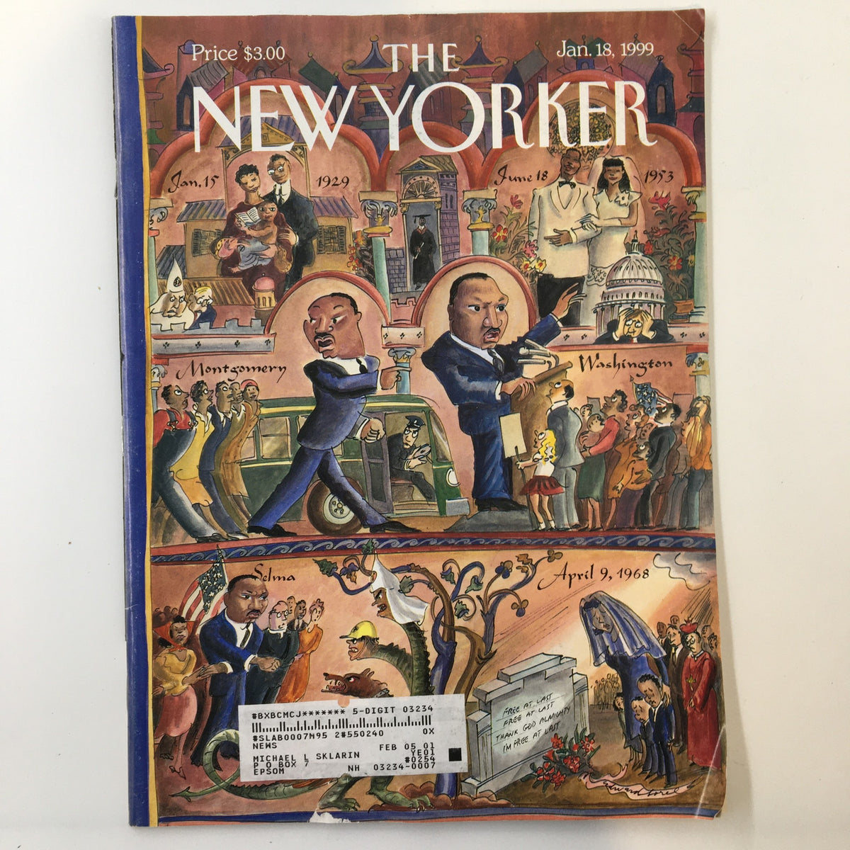 Cover of The New Yorker magazine from January 18, 1999, featuring a colorful illustration by E. Sorel honoring Martin Luther King Jr., depicting key events in his life.