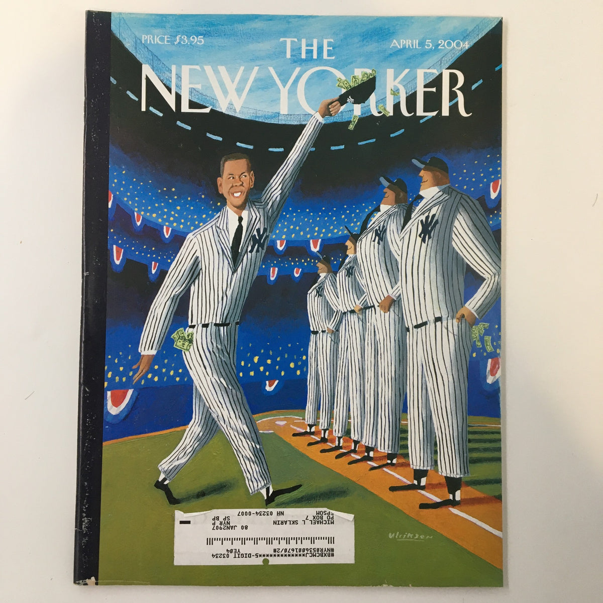 The New Yorker Full Magazine April 5, 2004 cover illustration "Stars & Stripes Forever" by Mark Ulriksen, featuring a cheerful character in a striped suit waving amidst a baseball stadium background.