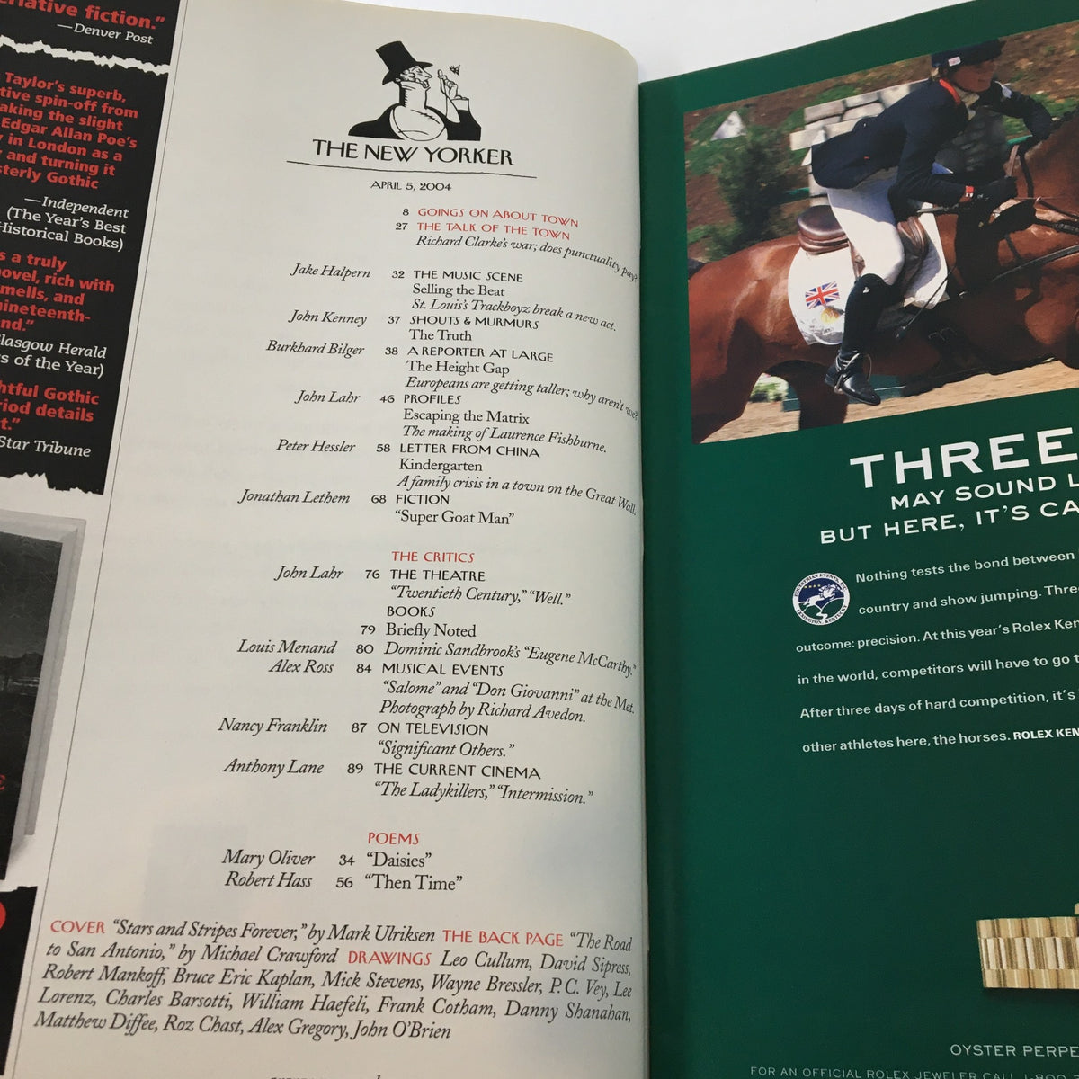 Inside page of The New Yorker Full Magazine April 5, 2004 showcasing the table of contents, featuring various writers and articles.